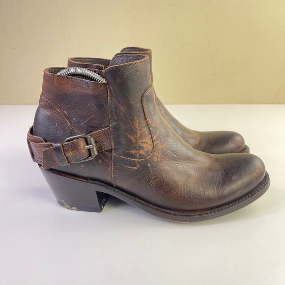 J.B. Dillon Shoes - JB Dillon Brown Leather Buckle Zip Up Block Heel Ankle Boots Western Size 9B